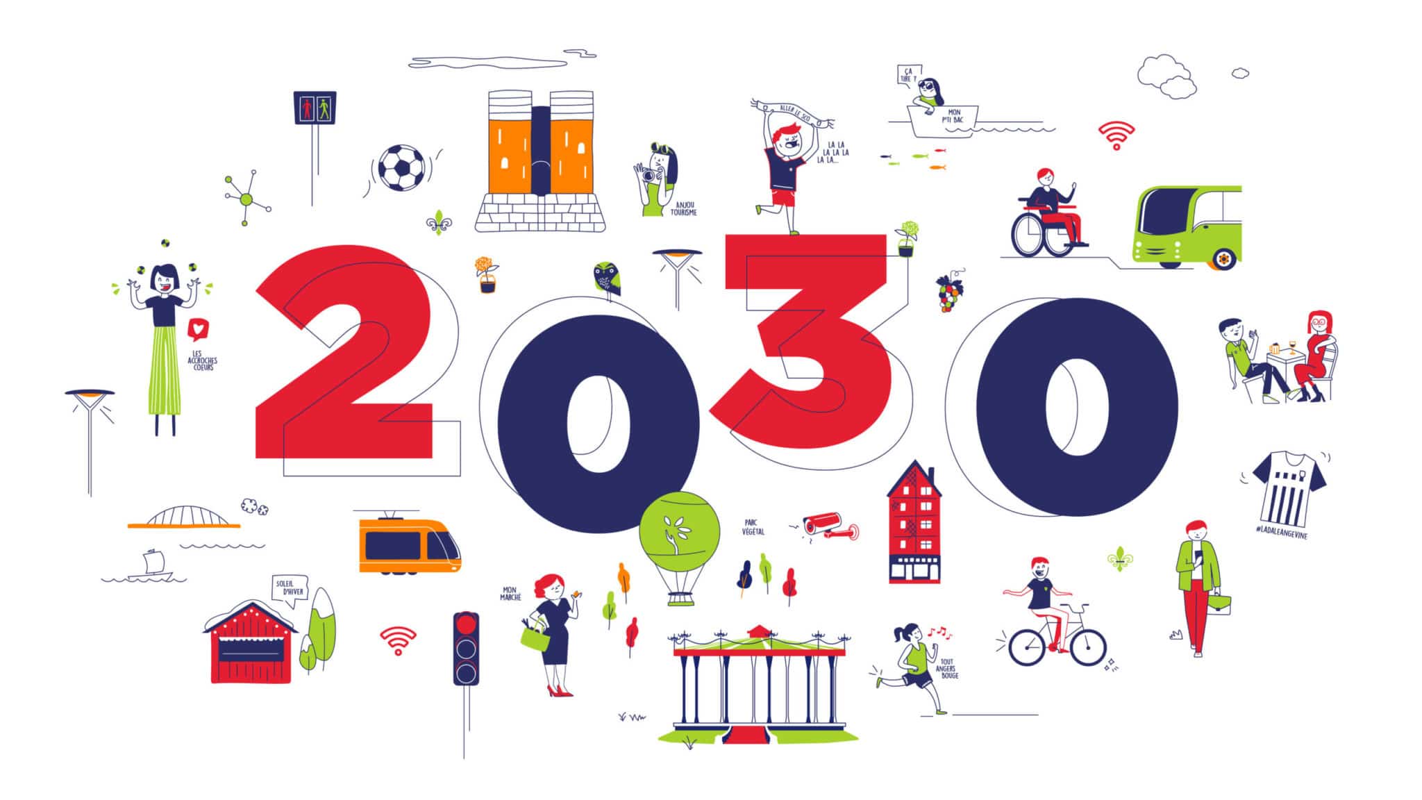 Illustrations générale présentant le contexte et les valeurs de 2030 (Orange, Vinci, Cegelec, SAUR)