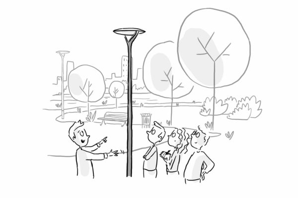 Croquis préparatoire au Draw My Life représentant 3 personnes parlant d'un candélabre connecté dans un parc