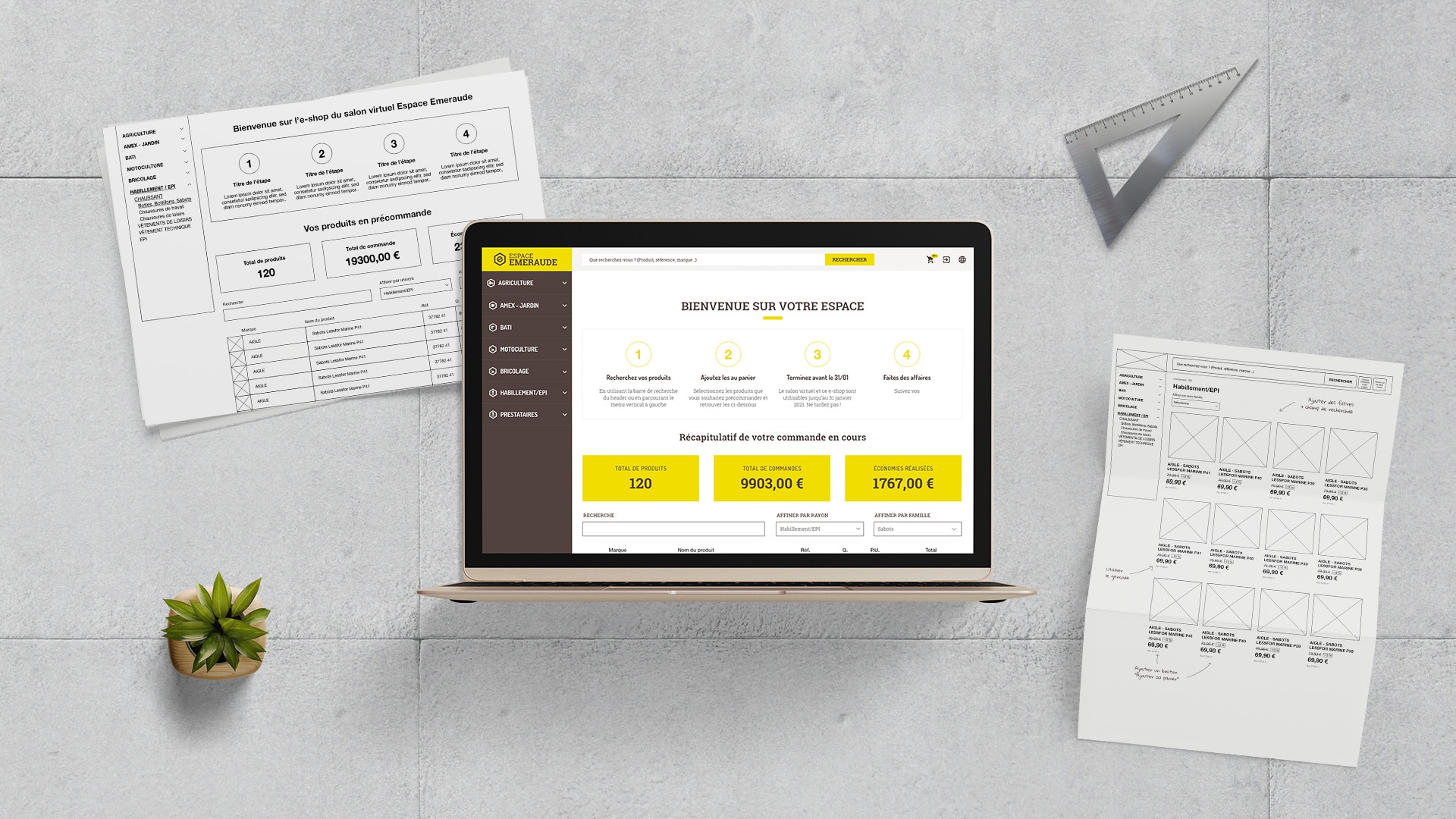 Visuel du eshop et des wireframes pour Espace Emeraude