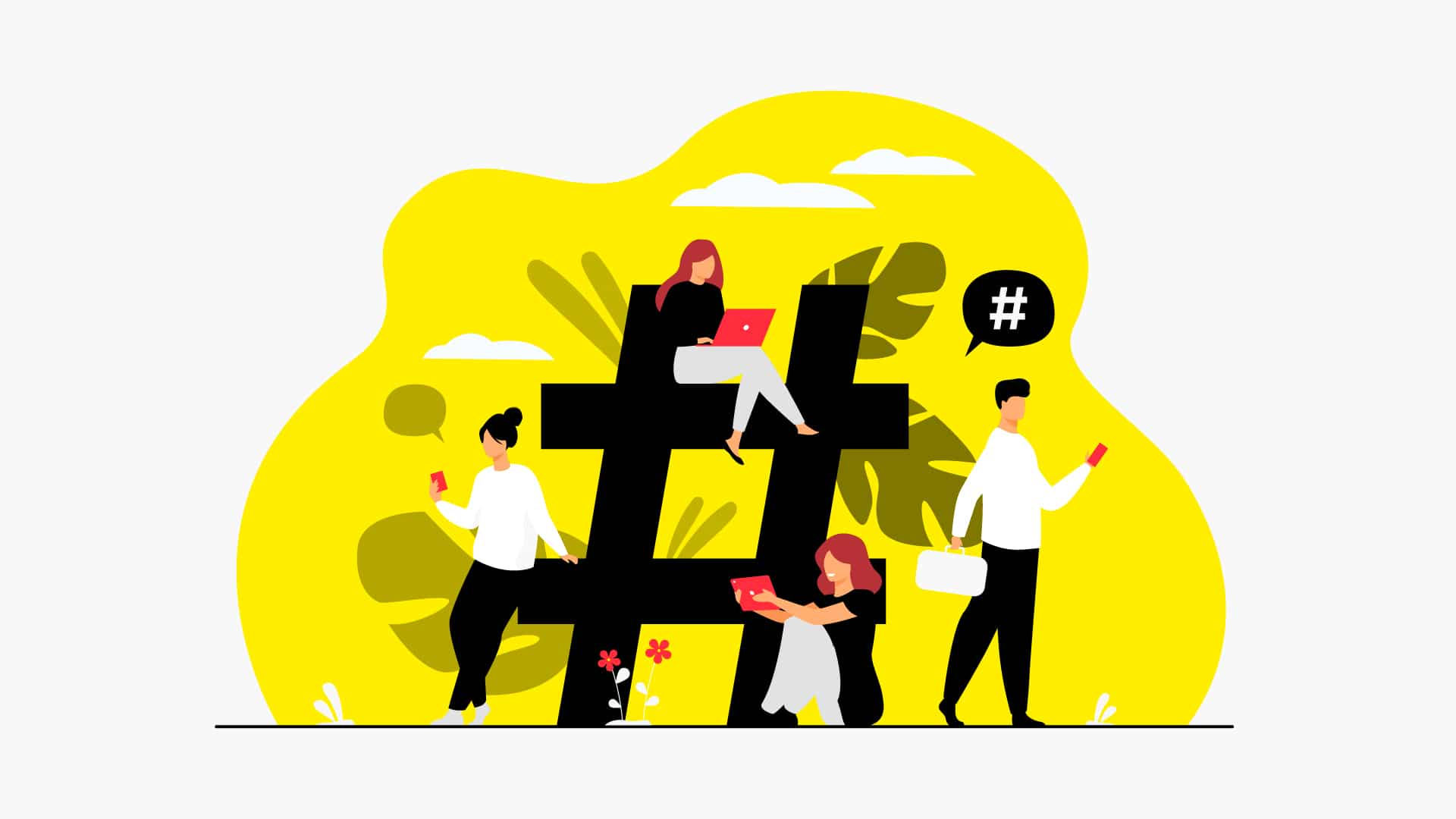 Illustration d'une entreprise autour d'un hashtag géant