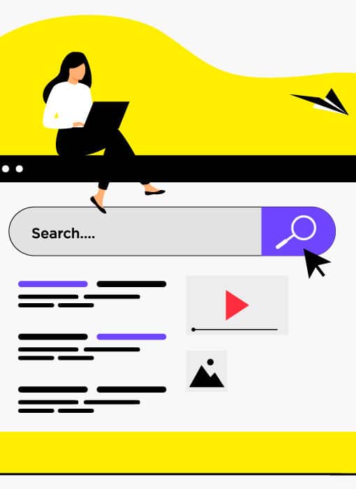 Illustration veille avec une femme assise sur un ordinateur et un moteur de recherche