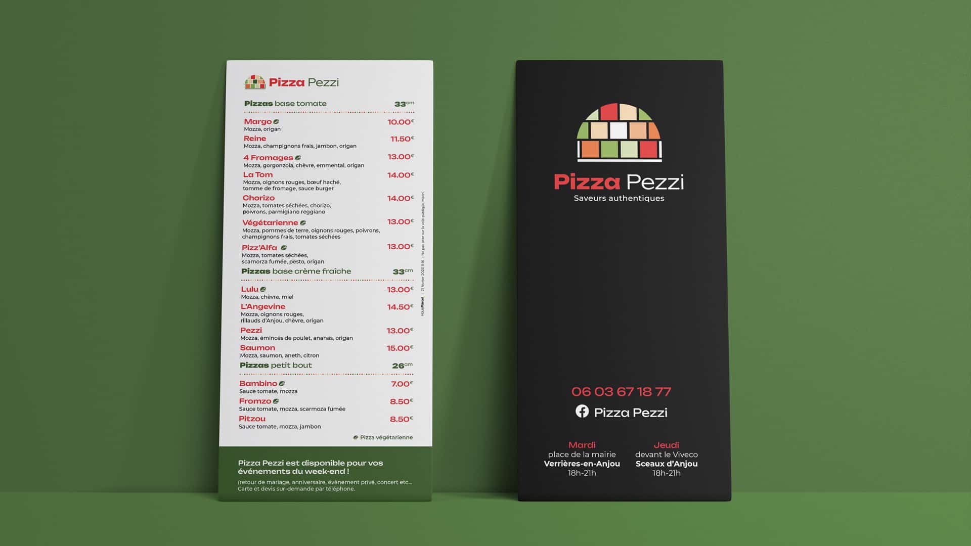 Flyer présentant la carte des pizzas de Pizza Pezzi