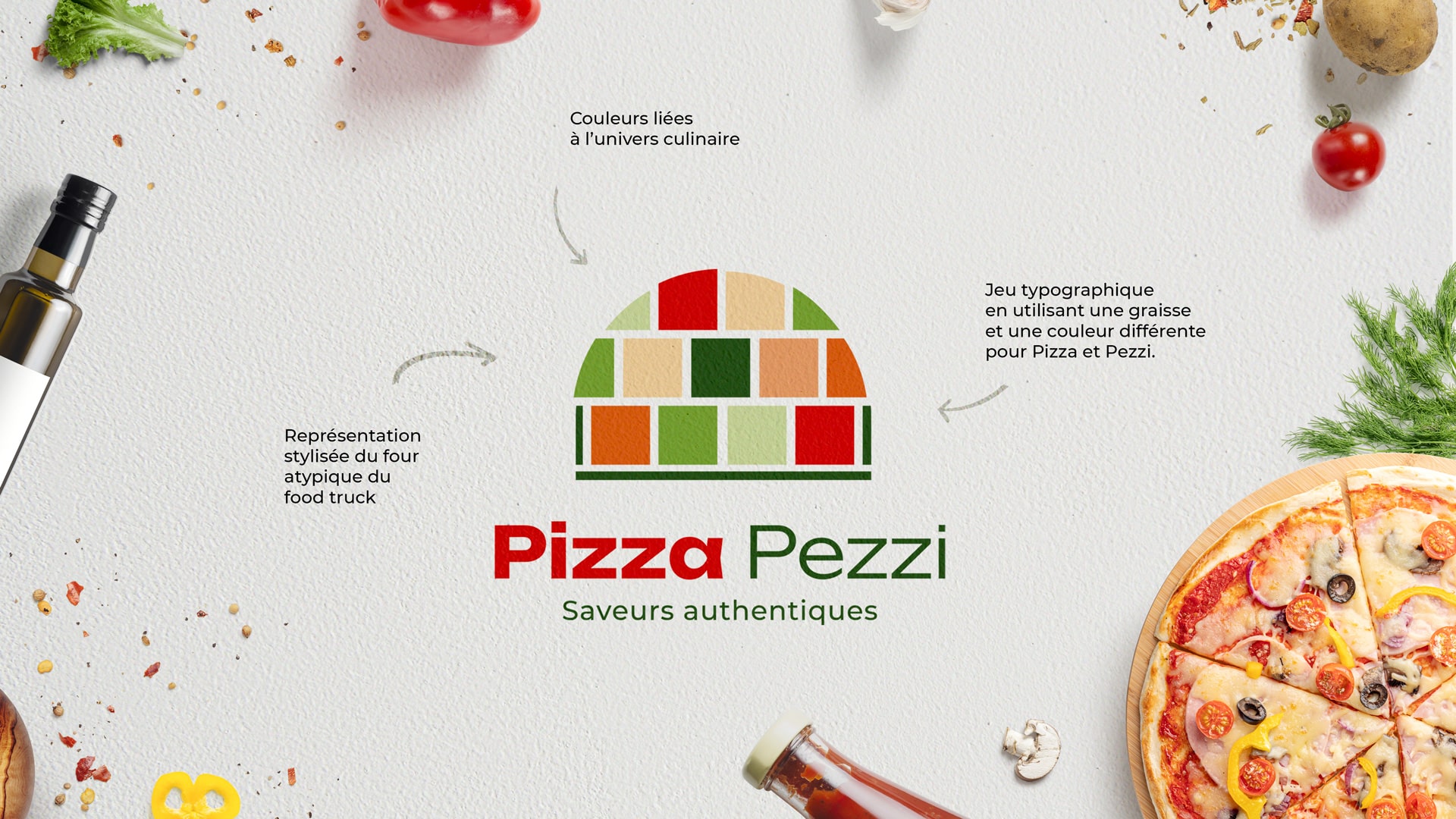 Explications du logo et des éléments qui composent l'identité visuelle de Pizza Pezzi