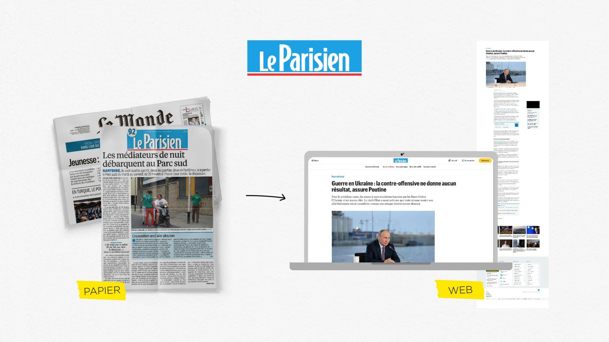 Version papier du journal "Le parisien" et version web de ce même journal : les textes sont ferrés ) gauche sur leur version web