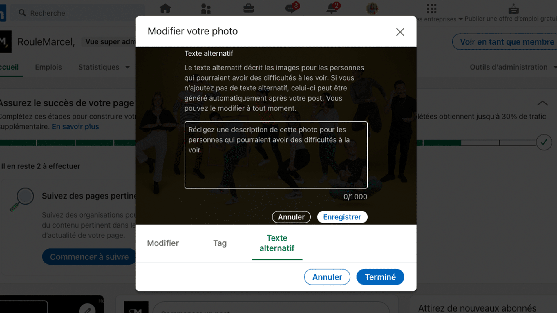 Explication de comment remplir un texte alternatif depuis Linkedin : capture d'écran